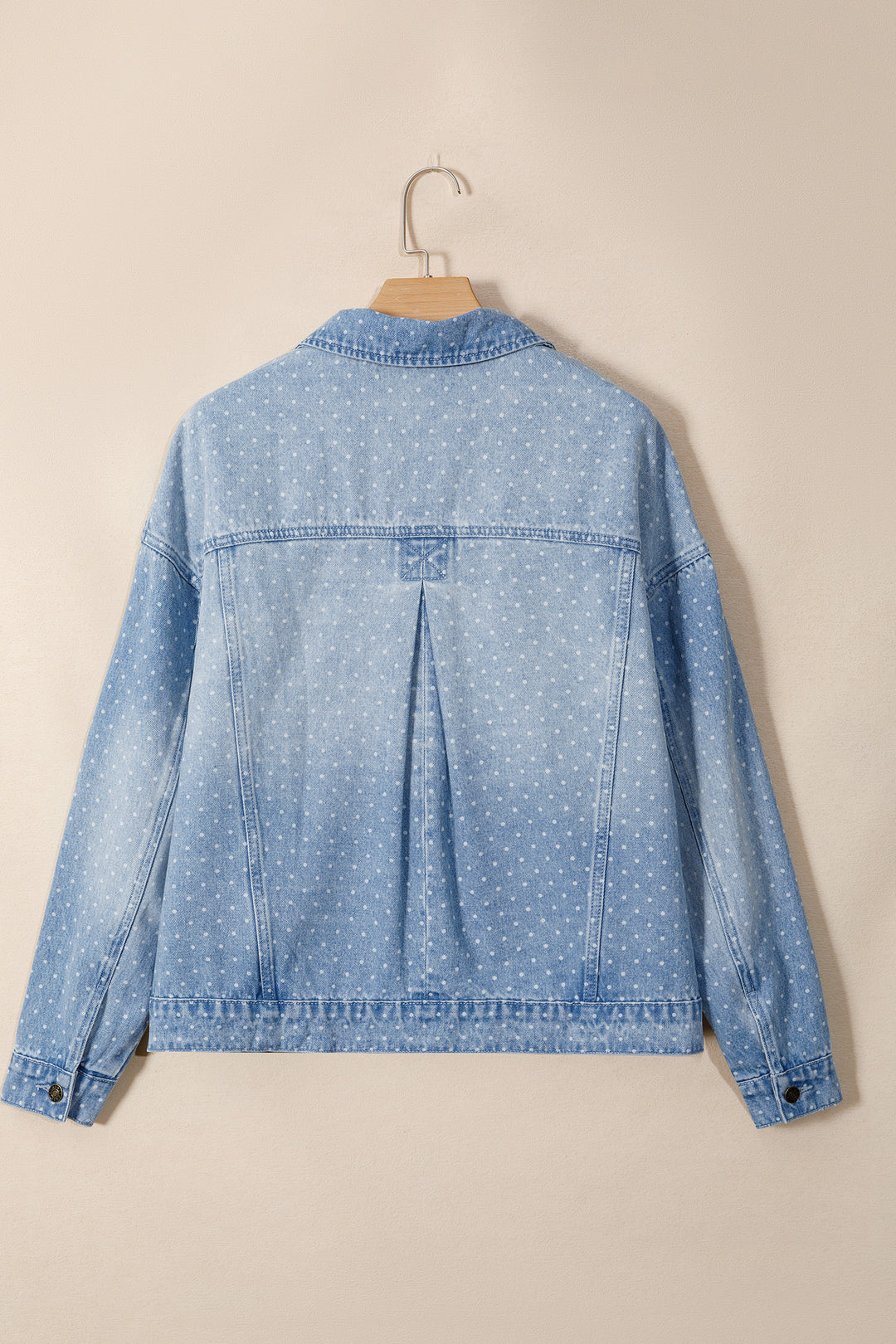 Sky Blue Polka Dot Long Sleeve Collar Pocket Casual Shift Silhouette Denim Jacket