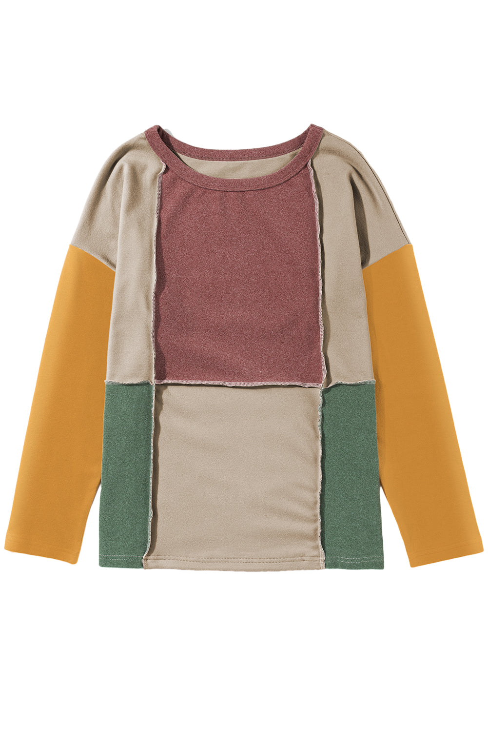 Light French Beige Exposed Seam Colorblock Knit Long Sleeve Top