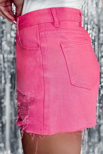 Rose Distressed Slim Fit High Waist Denim Shorts