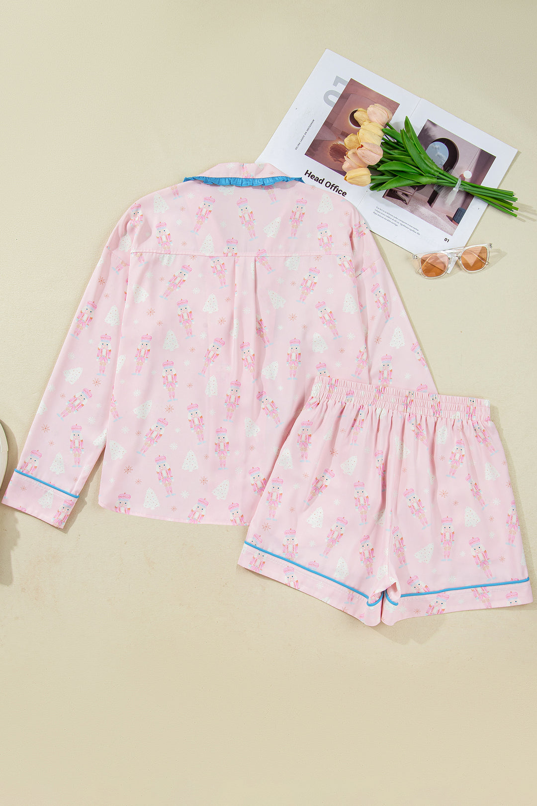 Pink Bow Tie Front Christmas Nutcracker Long Sleeve Shirt Shorts Pajama Set