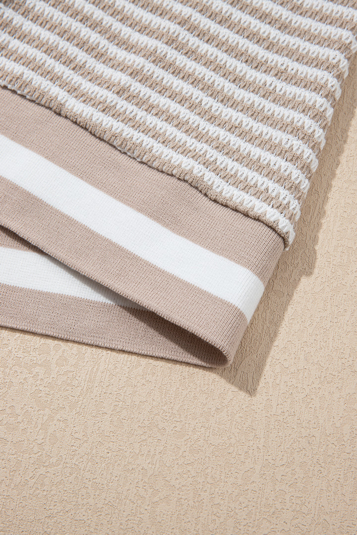 Beige Striped Textured Knit V Neck Casual Top