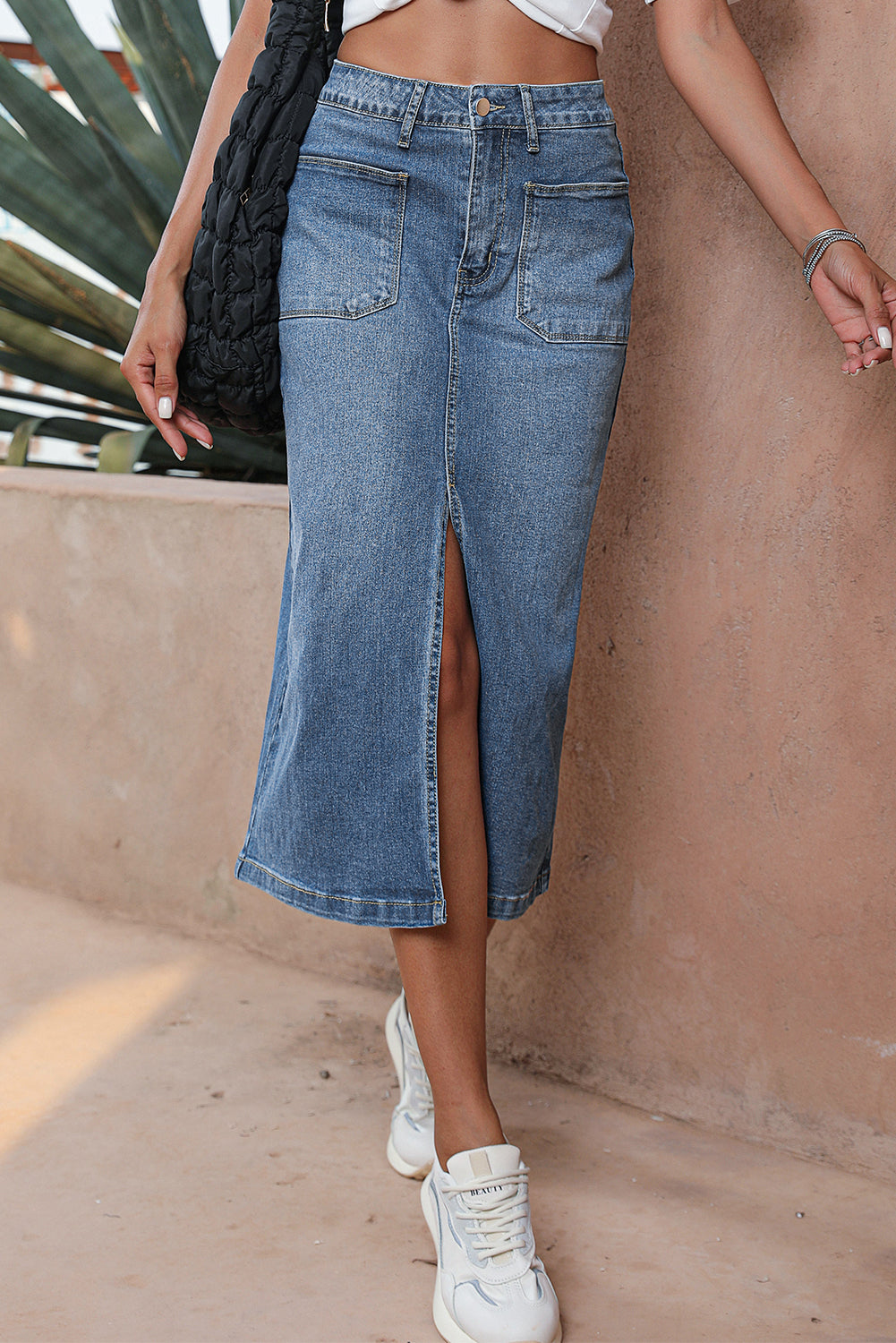 Sky Blue 4 Patch Pockets Front Slit Midi Denim Skirt