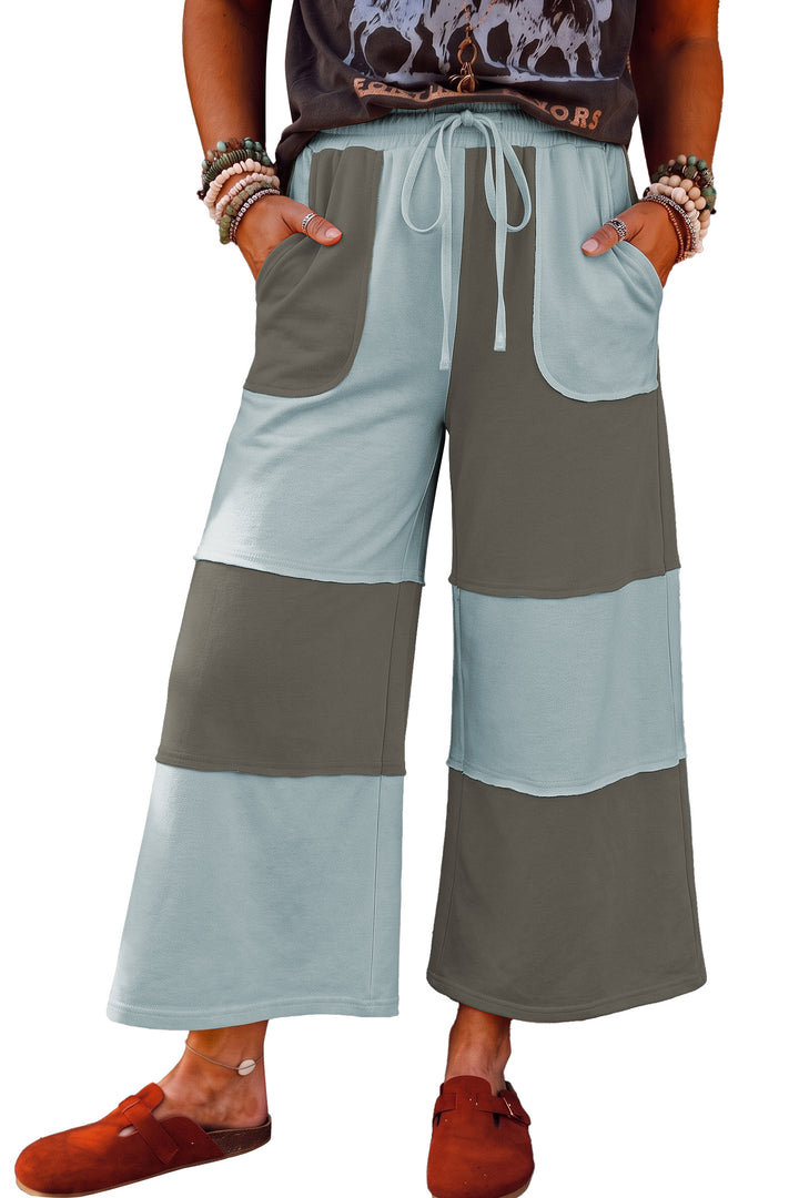 Fiery Red Raw Seam Colorblock Wide Leg Ankle Length Casual Pants
