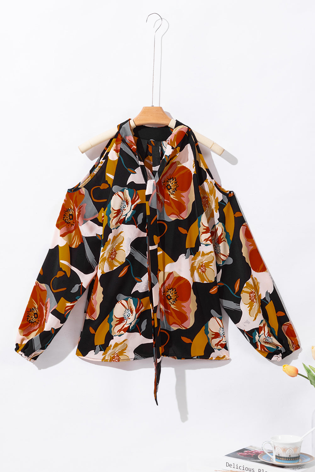 Black Floral Print Cold Shoulder Lantern Sleeve Blouse