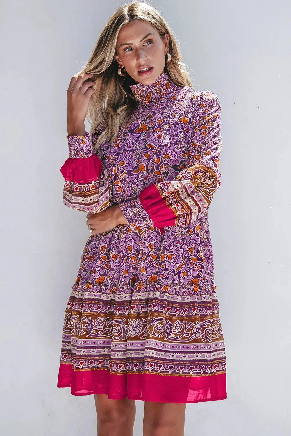 Smocked Floral Turtleneck Long Sleeve Dress