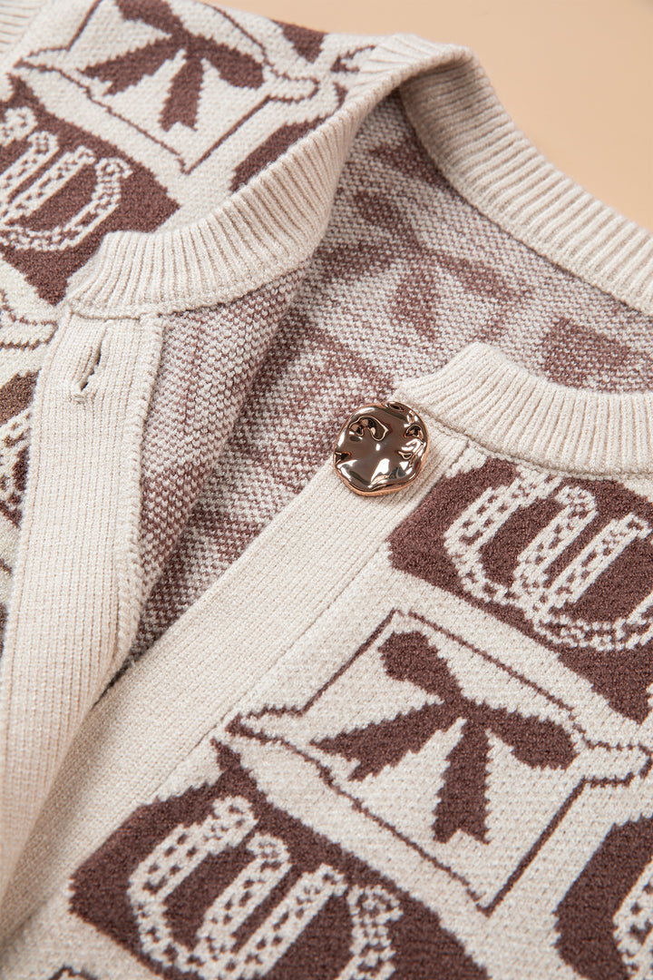 Brown Western Horseshoe Bow Pattern Button Front Sleeveless Knit Sweater
