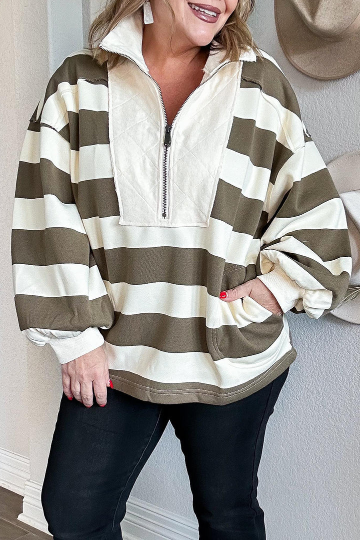 Green Stripe Plus Size Half Zipped Casual Sweatshirt