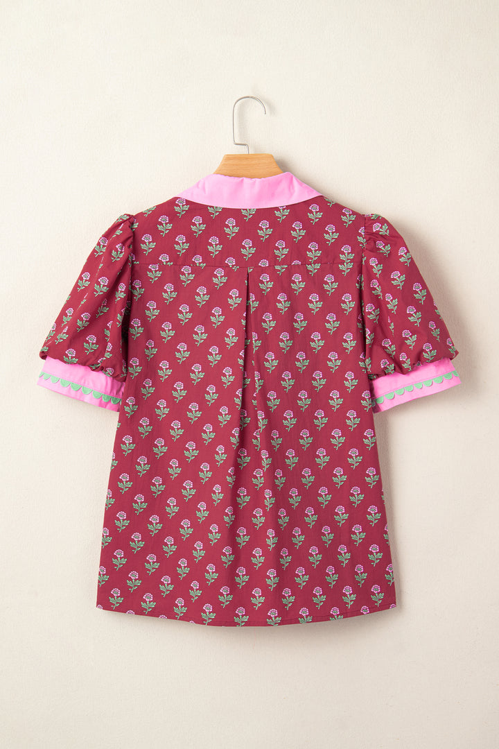 Red Contrast Collared V Neck Ricrac Trim Short Puff Sleeve Flower Blouse