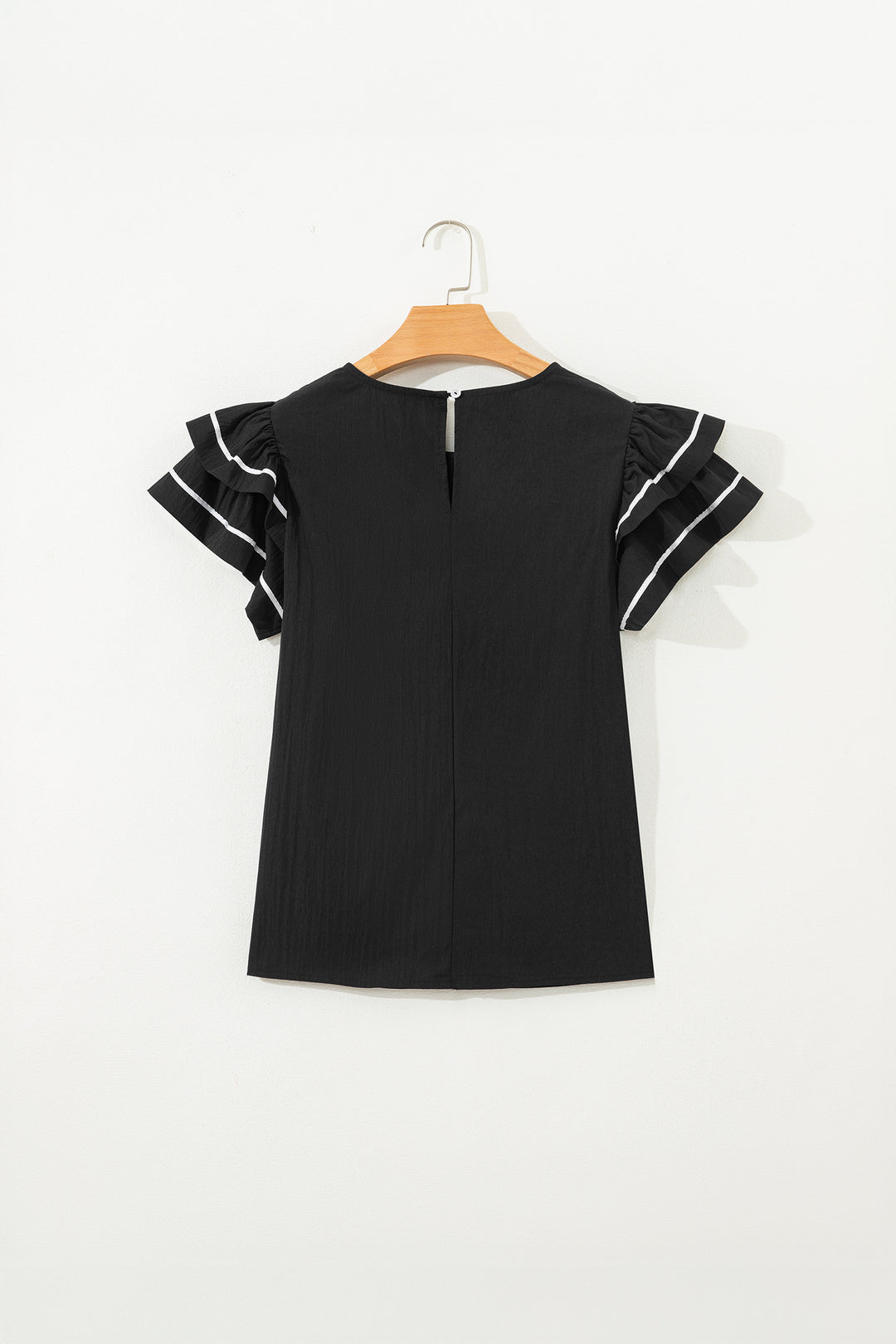 Black Contrast Trim Dual Ruffle Short Sleeve Textured Blouse