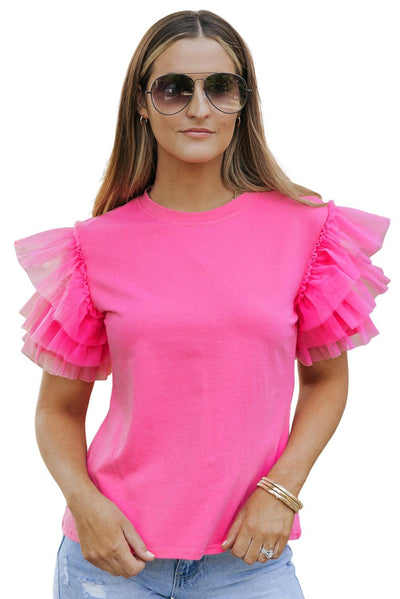 Pink Tulle Ruffle Sleeve Blouse