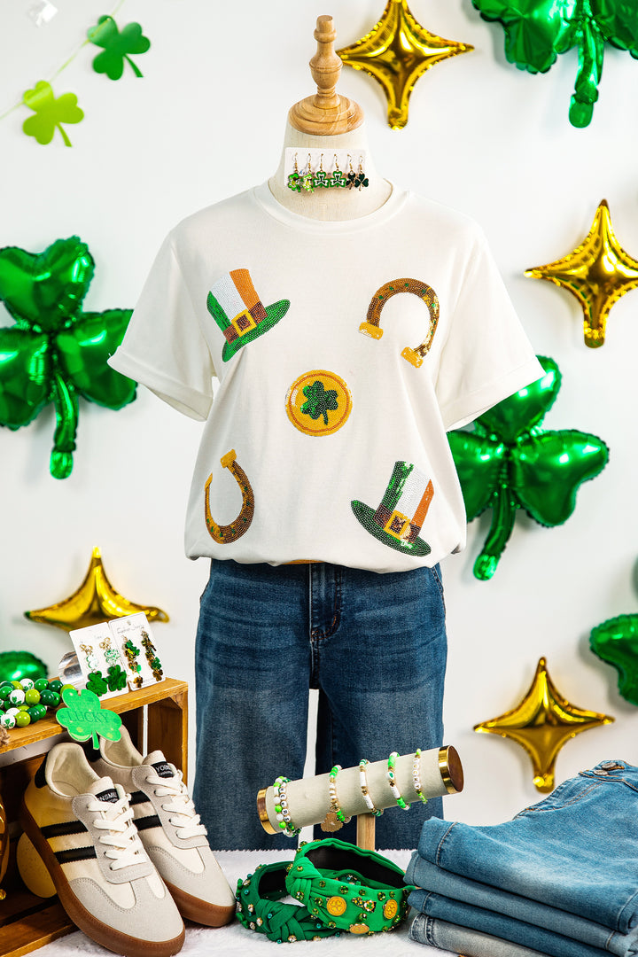 White St Patricks Day Sequin Graphic Casual T Shirt