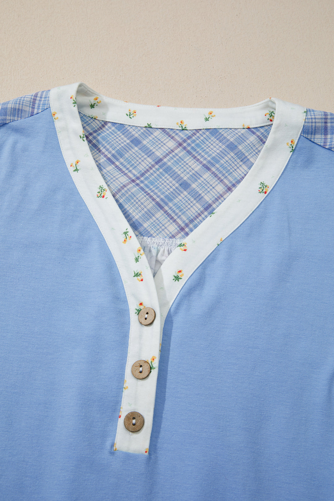 Beau Blue Color Block Plaid Bubble Sleeve Patchwork Blouse