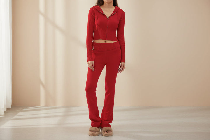 Women’s Knitted Hooded Two-Piece Set – Cardigan &amp; High-Waisted Pants Suit