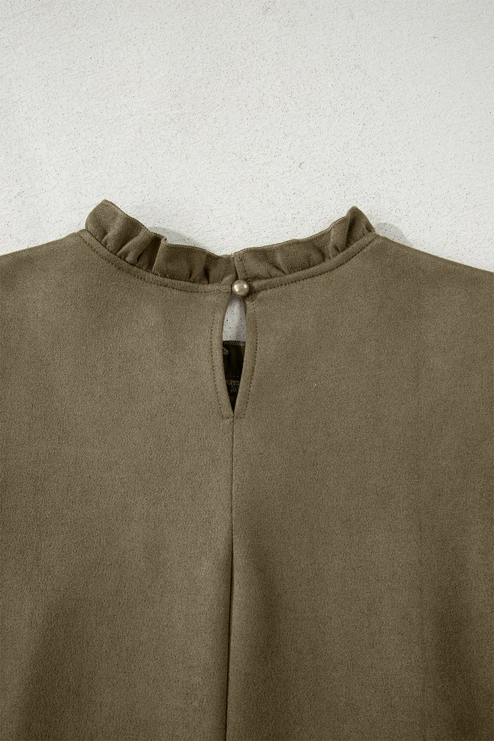 Moss Green Frilled Round Neck Short Puff Sleeve Shift Mini Dress