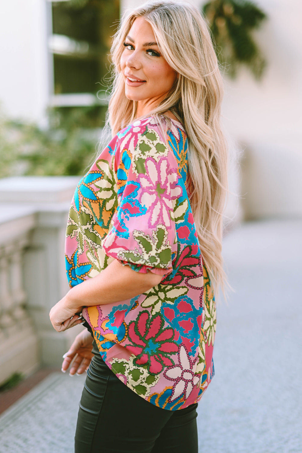 Pink Floral Print Bracelet Sleeve Blouse