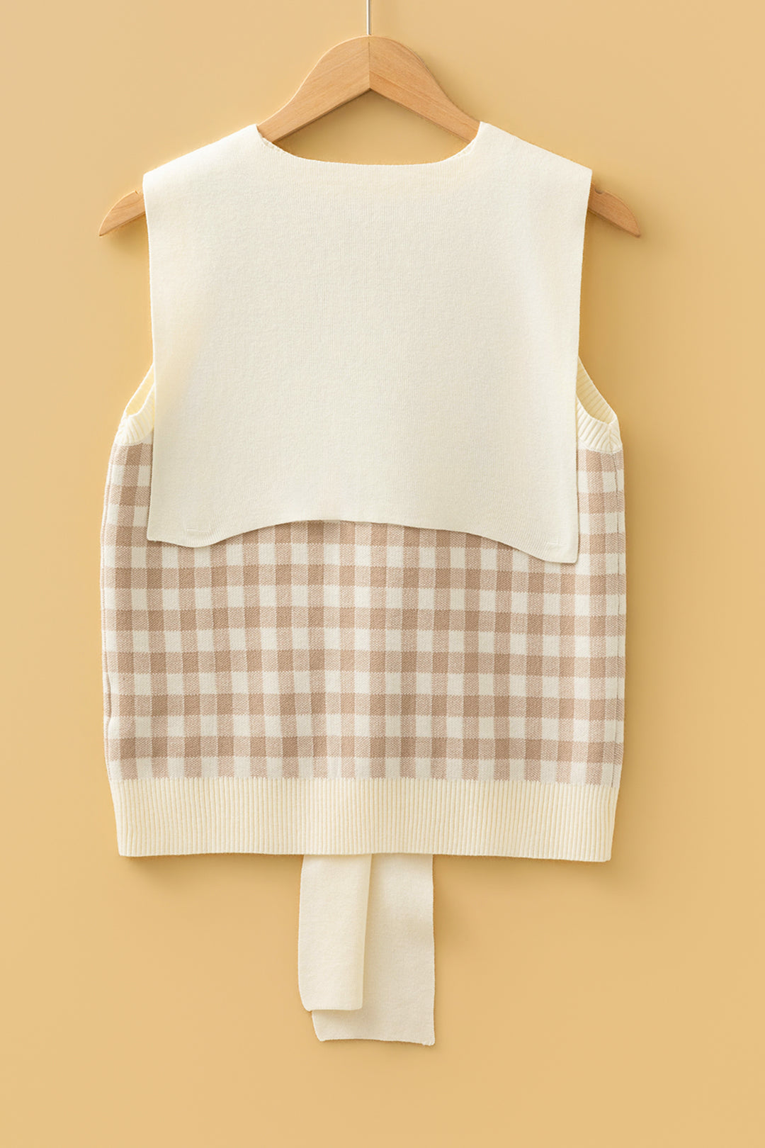 Khaki Gingham Plaid Knit Detachable Shawl Wrap Sweater Tank Top