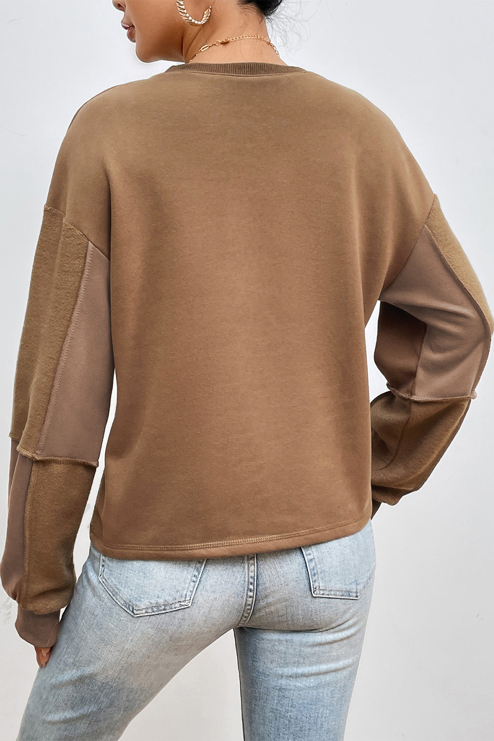 Coffee Solid Exposed Seam Pullover Sweatshirt