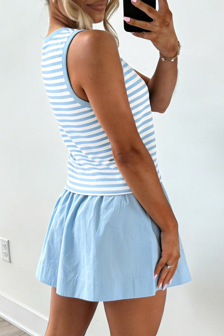 Sky Blue Stripe Slim Tank Contrast Ruffle Mini Skirt Set