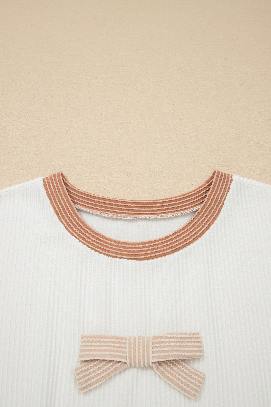 Apricot Bowknot Applique Plus Size Ribbed Top