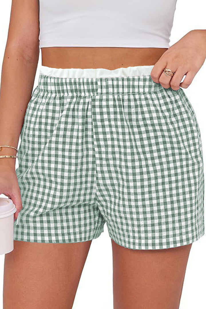Green Contrast Trim Plaid Print Plus Size Shorts