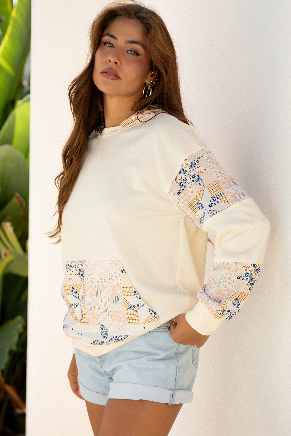 Beige Western Geo Pattern Patchwork Hoodie with Kangaroo Pocket