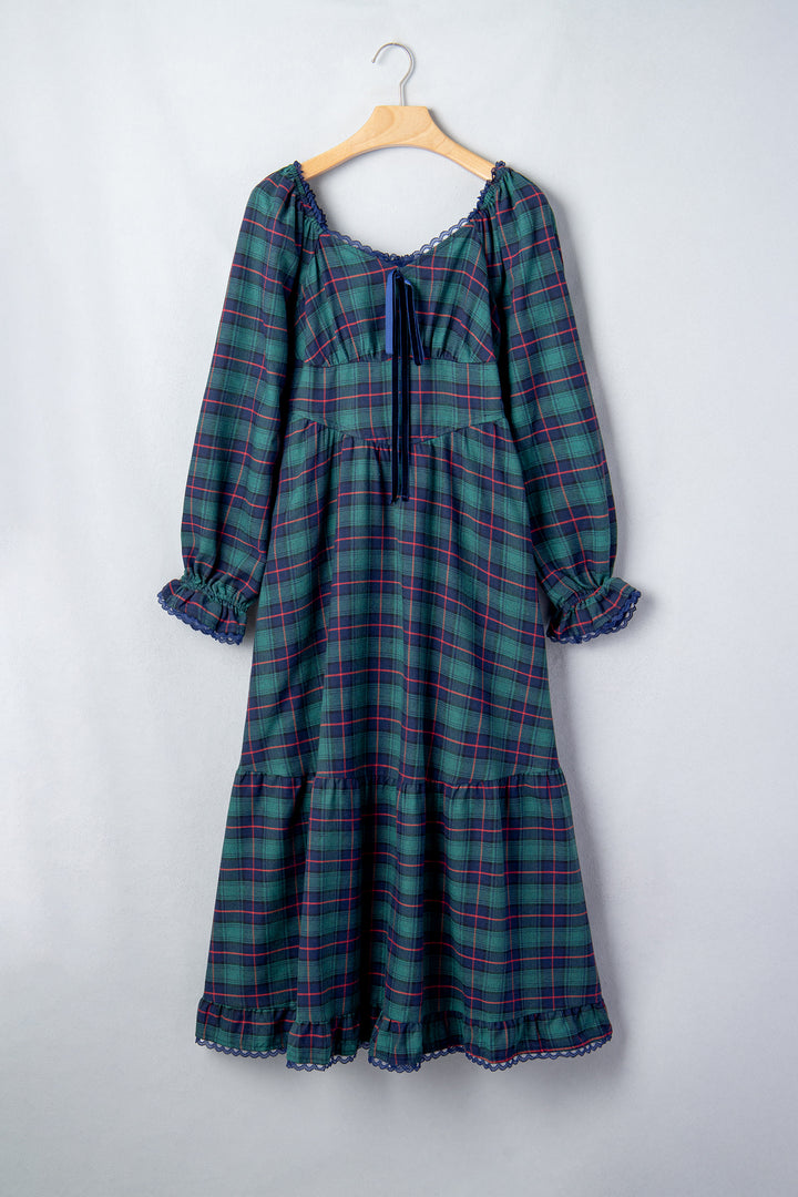 Green Vintage Plaid Square Neck Lace Trim Long Sleeve Shift Dress