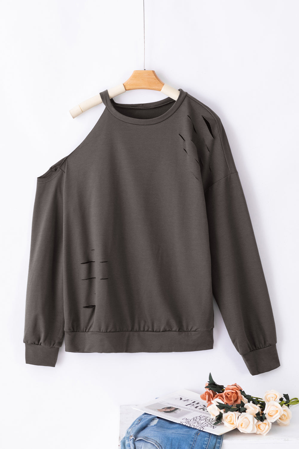 Medium Grey Distressed Asymmetric Cold Shoulder Pullover