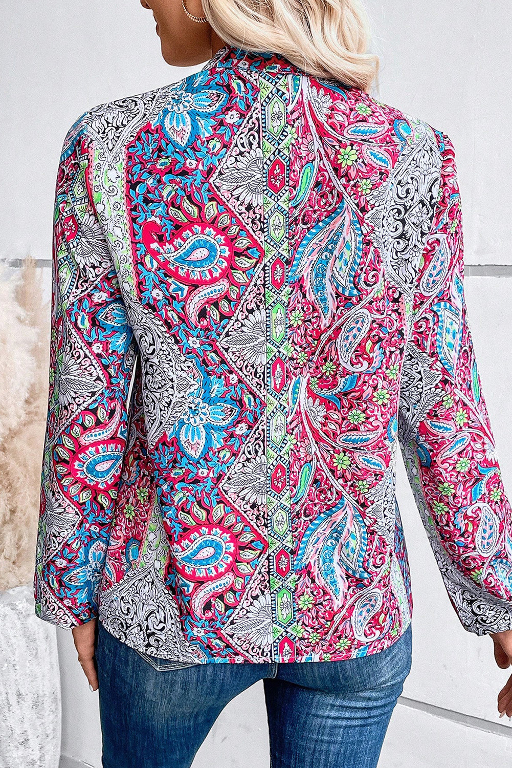 Pink Vintage Boho Paisley Print Notched Neck Blouse