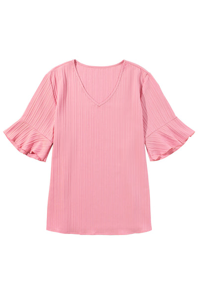 Peach Blossom Ruffled Half Sleeve V Neck Textured Plus Top