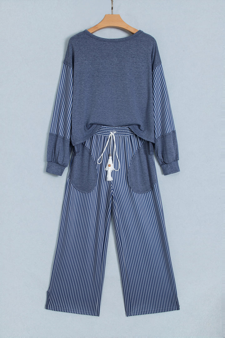 Fushia Raw Seam Patchwork Long Sleeve Top Pocket Casual Pants 2pcs Set