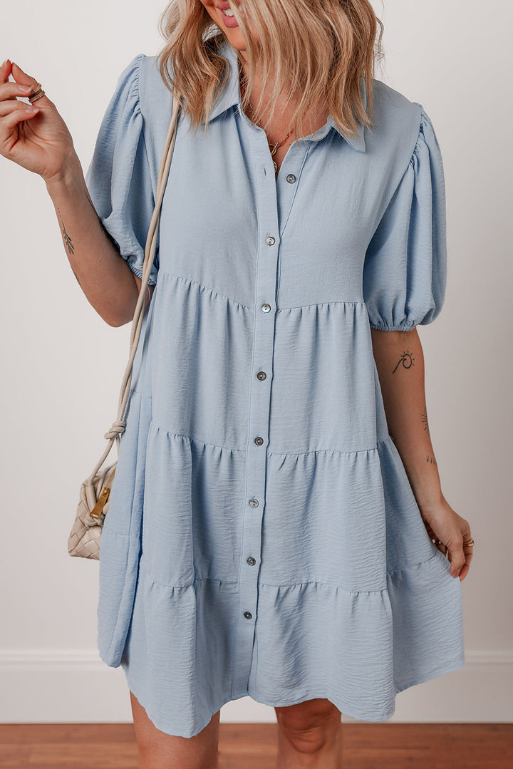 Arya Shirt Collar Button Up Puff Sleeve Tiered Dress