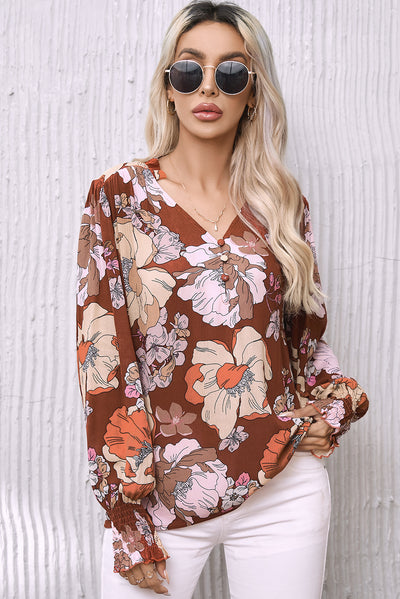 Brown Frilled V Neck Bubble Sleeve Floral Blouse