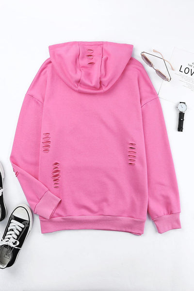 Pink Solid Ripped Hooded Sweatshirt with Kangaroo Pocket