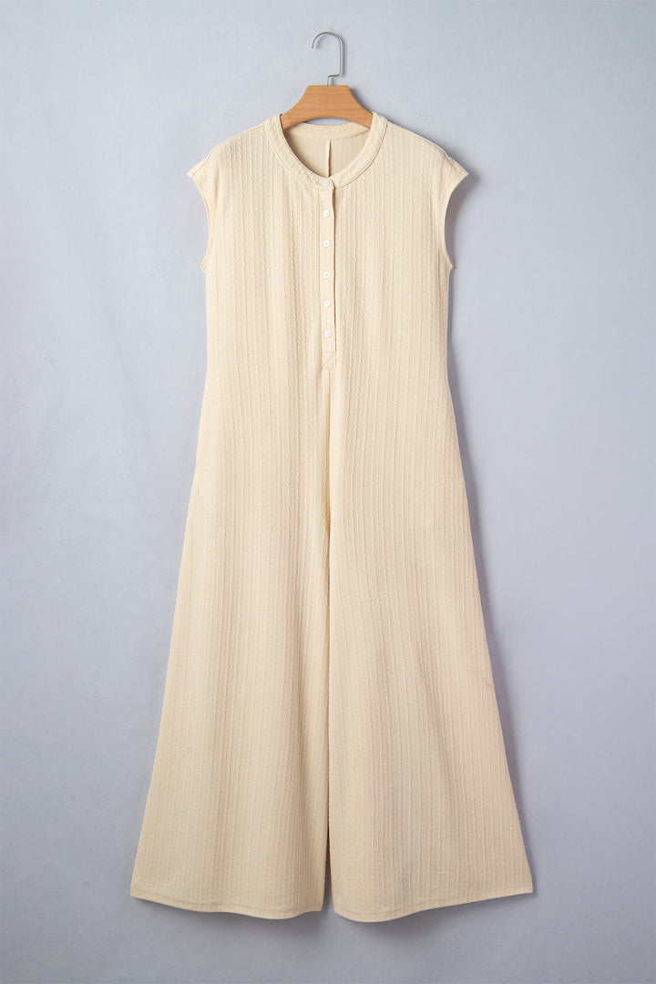 Jet Stream Half Buttons Ribbed Knit Wide Leg Jumpsuit