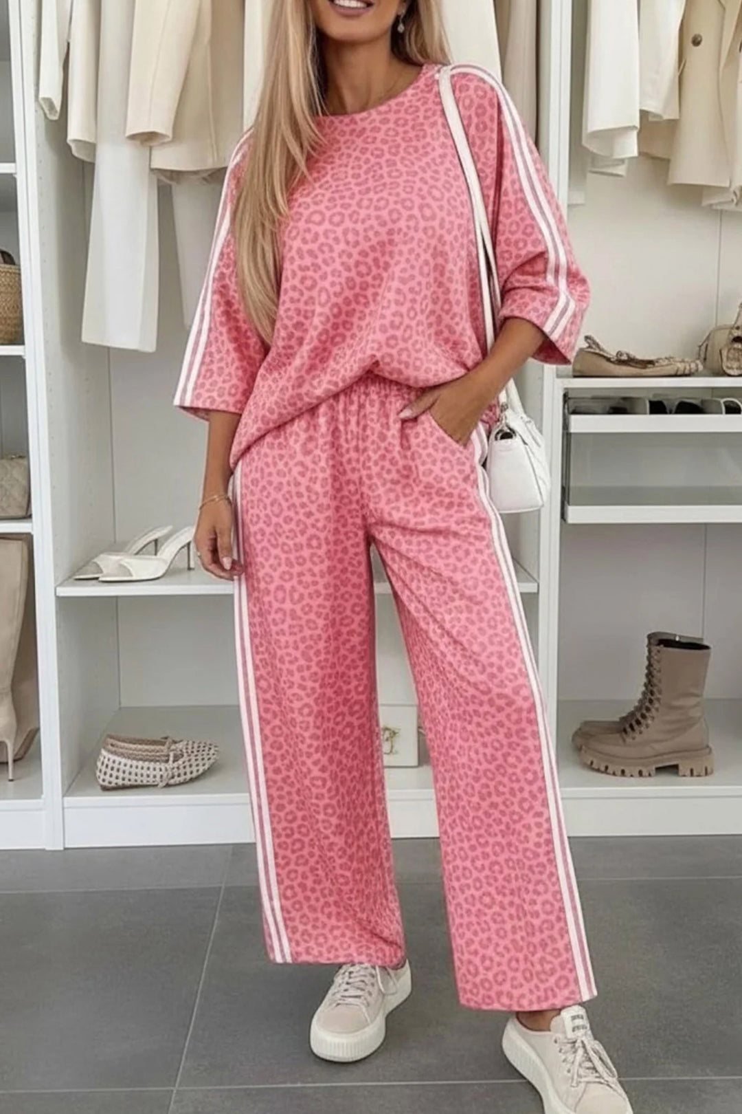 Gray Leopard Print Varsity Striped Detail 3/4 Sleeve Top Shift Pant Set