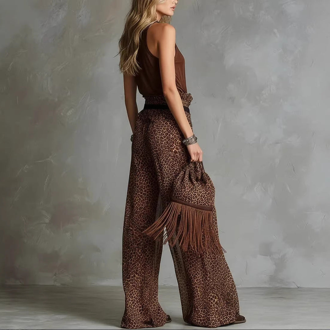 Leopard Print Sheer Wide-Leg Pants &amp; Sleeveless Tank Top Set