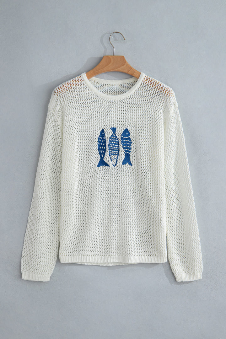 White Open Knit Fish Embroidered Casual Sweater