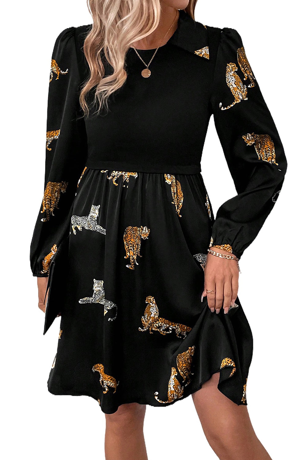 Black Vivid Leopard Print Long Sleeve Swing Dress