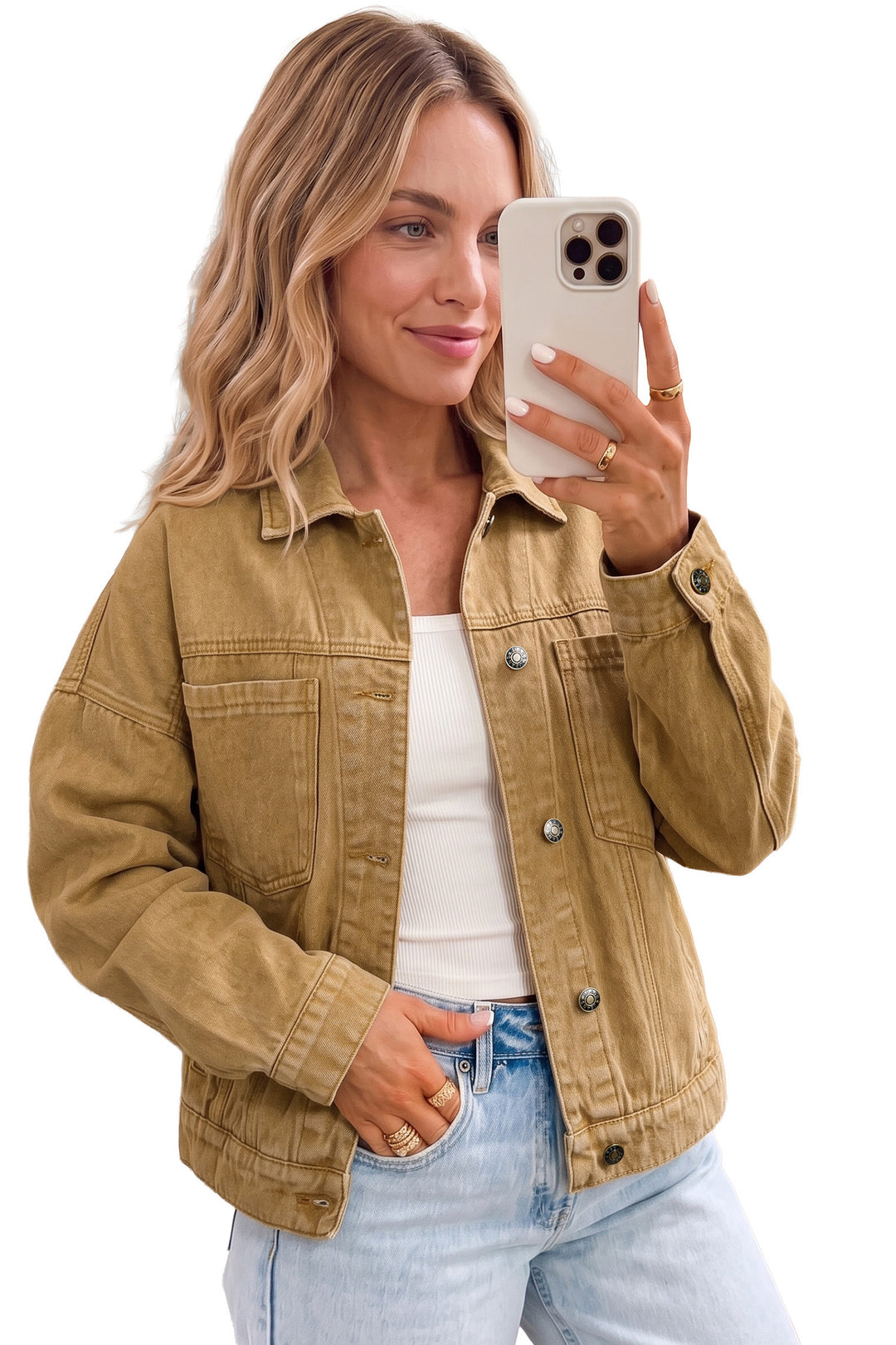 honey gold Metal Button Front Long Sleeve Collar Denim Jacket