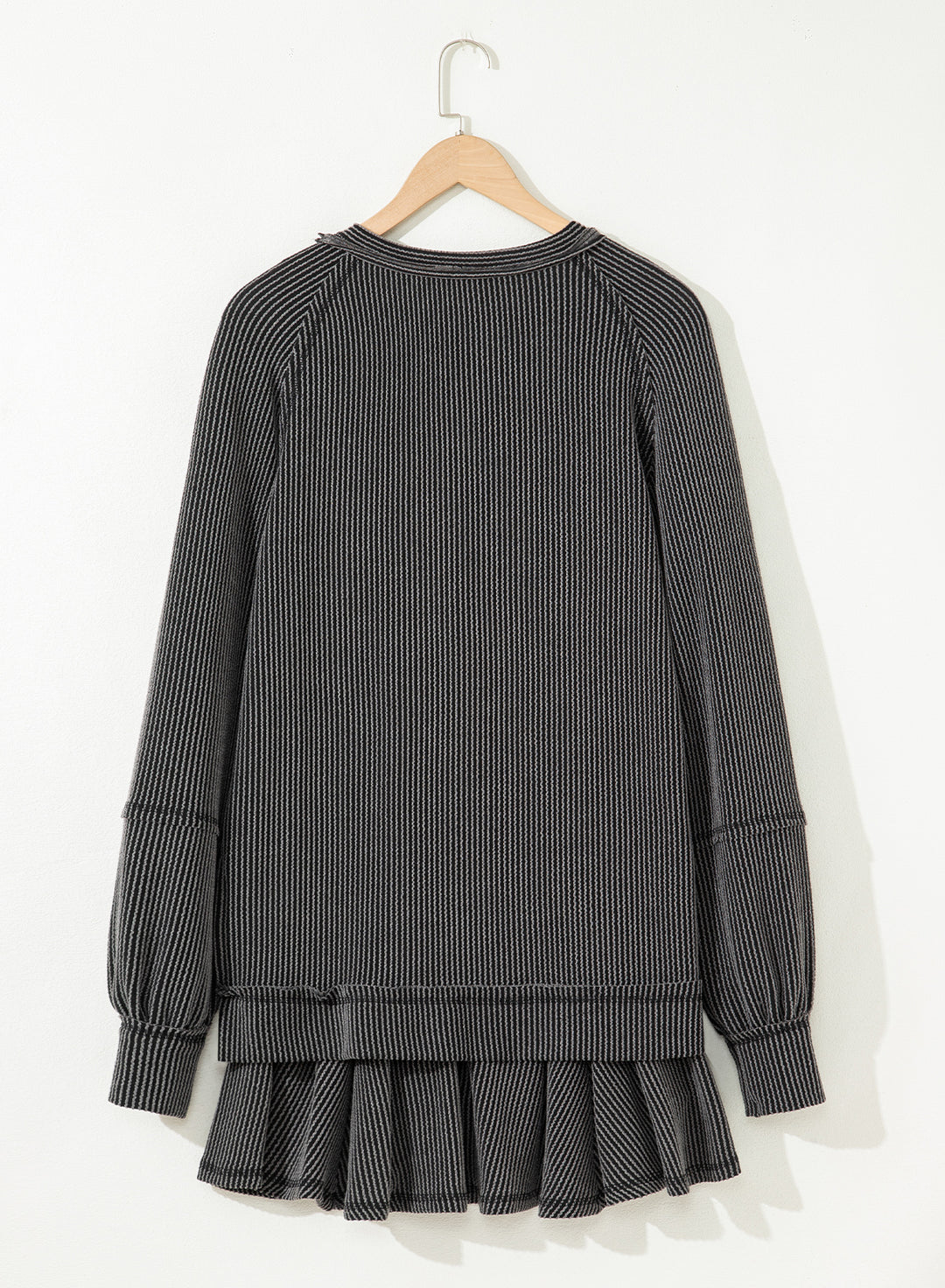 Dark Grey Corded Lantern Sleeve Top High Waist Ruffled Mini Skirt Set