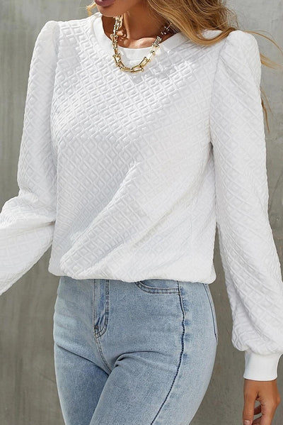 White Textured Puff Long Sleeve Round Neck Top