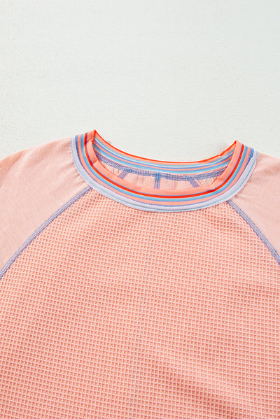 Grapefruit Orange Waffle Knit Wide Bracelet Sleeve Patchwork Raglan Top