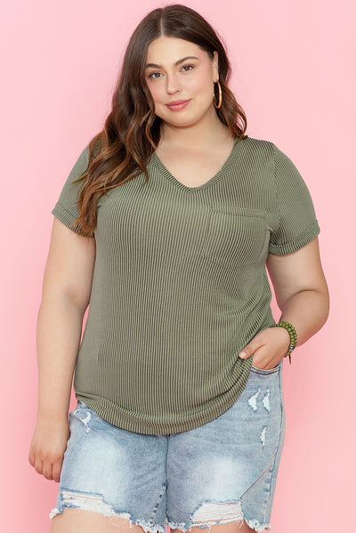 Meadow Mist Green Plus Size Corded V Neck Patch Pocket Tee