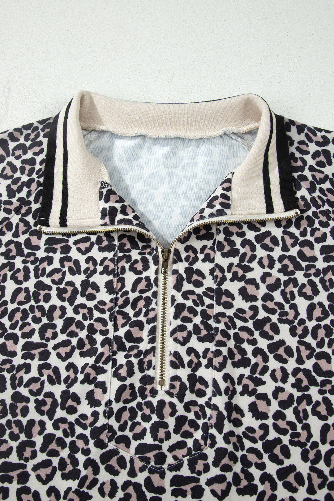 Brown Plus Size Leopard Print Striped Webbing Patchwork Half Zip Blouse