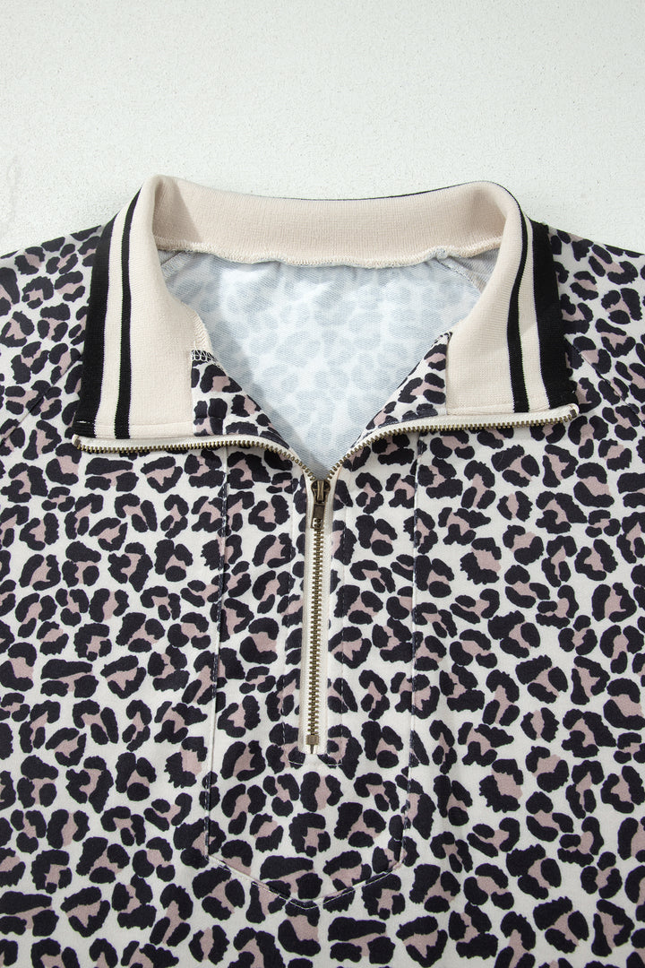 Brown Plus Size Leopard Print Striped Webbing Patchwork Half Zip Blouse