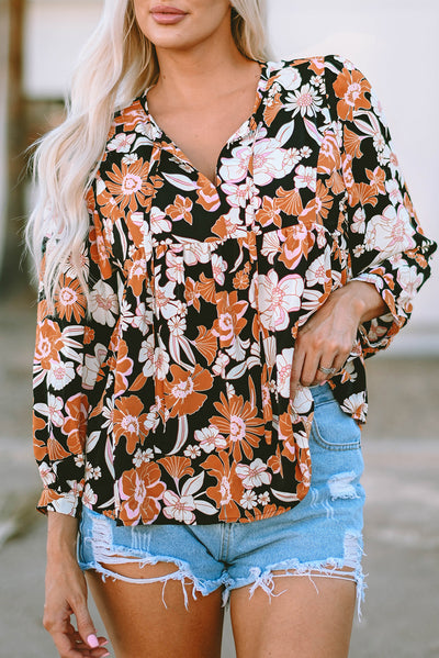 Brown Floral Print 3/4 Sleeve Babydoll Blouse