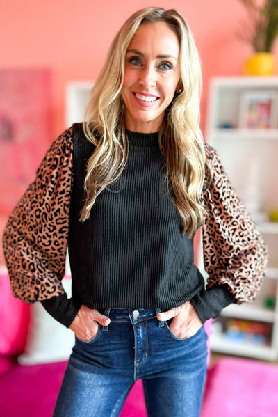 Black Leopard Print Long Sleeve Ribbed Knit Blouse