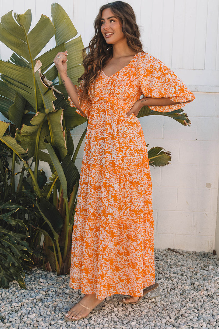Eileen Floral V Neck Wide Sleeve Maxi Dress