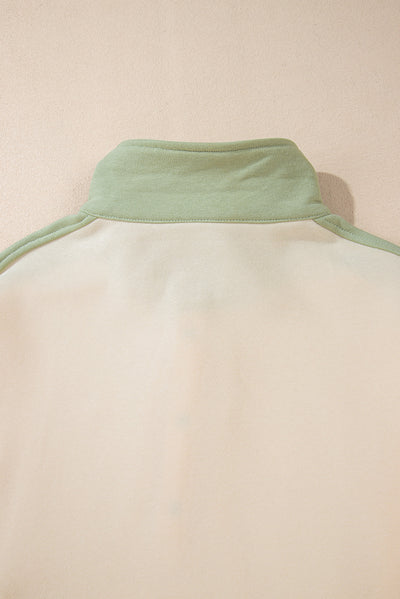 Laurel Green Colorblock Patchwork Buttoned Collar Kangaroo Pocket Sweatshirt