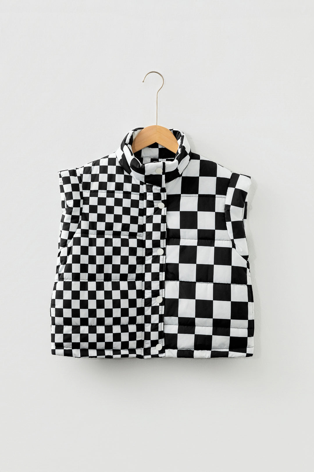 Black Double Checked Stand Collar Cropped Puffer Vest